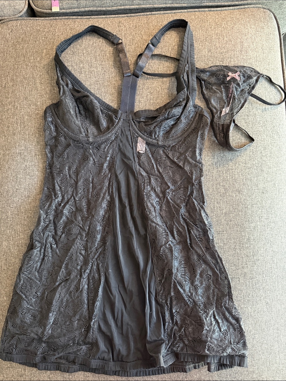 Black Lace Slip Chemise with Matching Thong